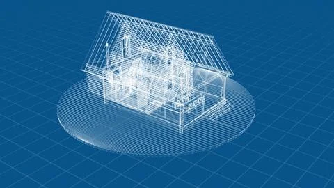 Futuristic Wireframe Design of a Modern House on a Blue Grid Background 스톡 일러스트