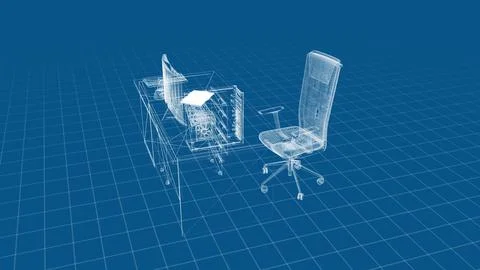 Futuristic wireframe design of an office setup with a desk and chair on a gr Illustrazione stock
