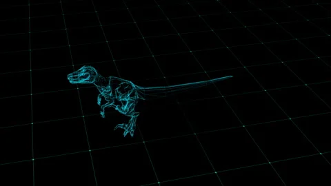 Futuristic Wireframe Dinosaur in Virtual Grid Environment 库存影片 344032395