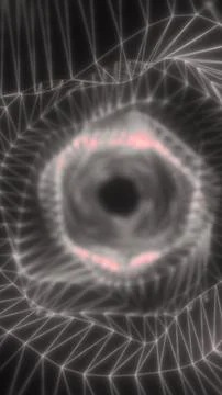 Futuristic wireframe eye vortex with glowing pink ring and digital mesh net.. Stock Illustration