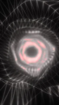 Futuristic wireframe eye vortex with glowing pink ring and digital mesh net.. Stockillustratie