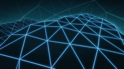 Futuristic Wireframe Flight Over Low Poly Terrain, Looping Sci-Fi Animation Stock Footage 307558802