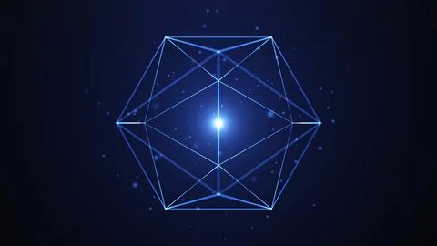 Futuristic wireframe geometric shape with glowing center on dark background.. Illustrazione stock