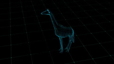 Futuristic Wireframe Giraffe in Digital Blue Grid Landscape Visualization 库存影片 342606047