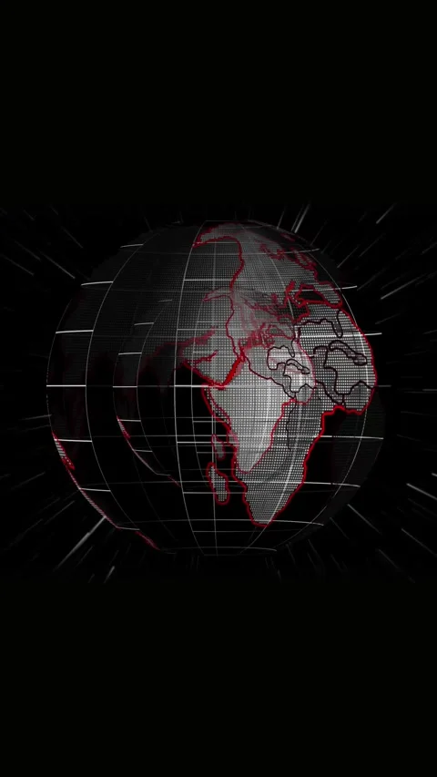Futuristic wireframe globe with red glowing continents and streaks on dark .. Video stock 321722954