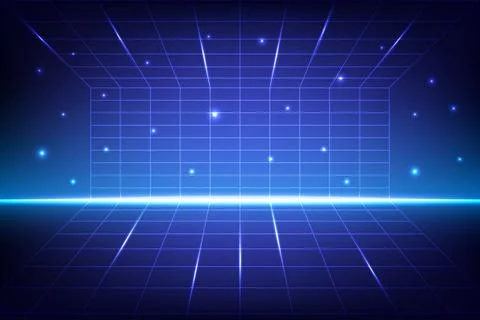 Futuristic Wireframe Grid Background with Glowing Light Dark Blue Gradient Stock Illustration
