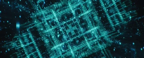 Futuristic Wireframe Grid Flythrough, Cyan Particle Data Network Seamless Loop Stock Footage 340879681