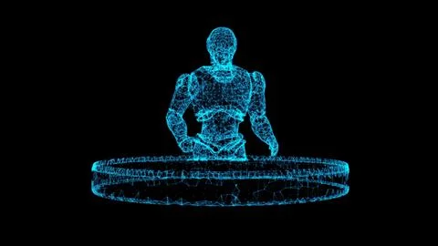 Futuristic Wireframe Human Figure in Neon Blue Against Black Background Stock Illustration