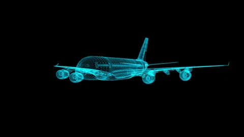 Futuristic Wireframe Jet: 3D Airplane Art on Black Background - Digital Avi.. Video stock 344661052