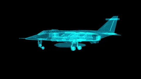 Futuristic Wireframe Jet Aircraft Rendering on Dark Background Video stock 344710989