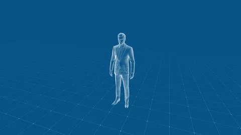 Futuristic Wireframe Man Standing in a Virtual Reality Grid Environment Stock-Illustration