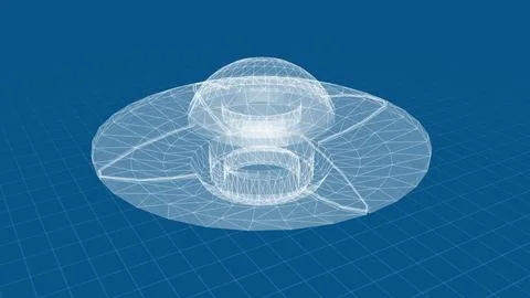 A futuristic wireframe model of a circular spacecraft set against a blue gri Stock Illustration