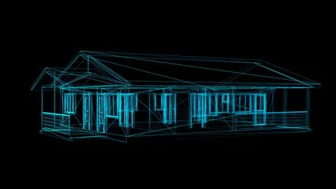 A futuristic wireframe model of a house highlighted in neon blue against a d Illustrazione stock