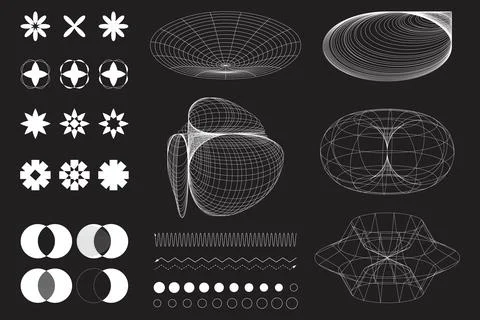Futuristic wireframe models of abstract forms resembling wormholes and Stock Illustration