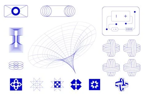 Futuristic wireframe models of abstract forms resembling wormholes and 스톡 일러스트