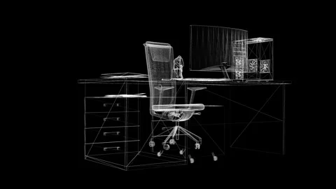 Futuristic Wireframe Office Setup with Desk, Chair, and Computer Stock Footage 344656734