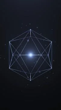 Futuristic wireframe polyhedron with glowing center and floating particles .. Stock Illustration