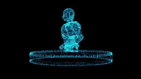 Futuristic Wireframe Robot Emerging from Digital Portal in Virtual Space Stock Footage 344654611