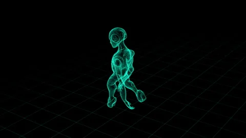 Futuristic Wireframe Robotic Figure in Digital Grid Landscape Visualization Stock Footage 339058550