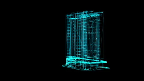 Futuristic Wireframe Skyscraper Blueprint in Neon Glow on Black Background Stock Footage 344720751