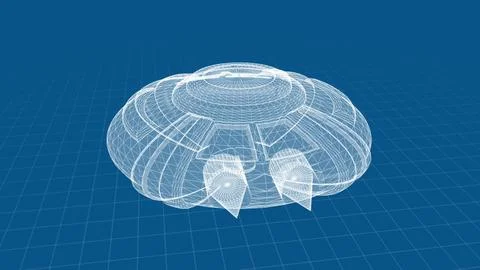 Futuristic Wireframe Spaceship Design Against Gridded Blue Background Stock Illustration