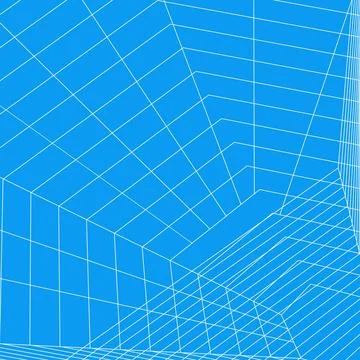 Futuristic wireframe spatial room blue geometric perspective background vector Illustrazione stock