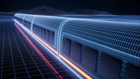 Futuristic wireframe train traveling through digital terrain on high speed .. Stock Footage 332337110