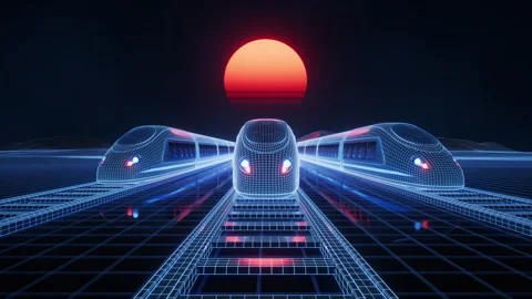 Futuristic wireframe trains on grid landscape with red sun on dark background Stock Footage 332148774