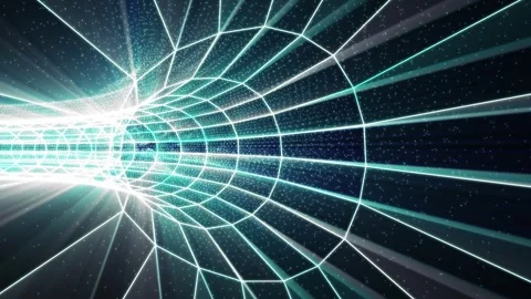 Futuristic wireframe tunnel with glowing grid lines and particles, creating a Stock Footage 327454377