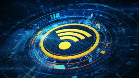 Futuristic wireless technology symbol in glowing yellow on a blue hexagonal. Stock Footage 289800156