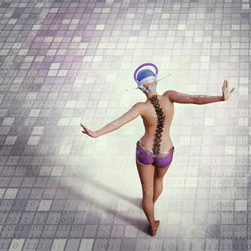 Futuristic woman balancing on binary code floor Stock Illustration