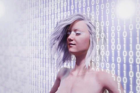 Futuristic woman standing in binary code wall Stock Illustration