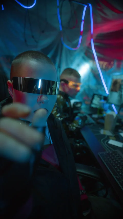 Futuristic Woman Typing Code on Invisible Panel, Programming with Man in Visor Stock Footage 327637217