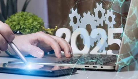 Futuristic workflow automation and technology integration in 2025, digital .. Foto stock