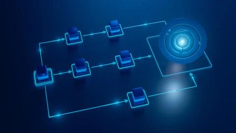 Futuristic Workflow Process Leading to Target Goal Stock Illustration