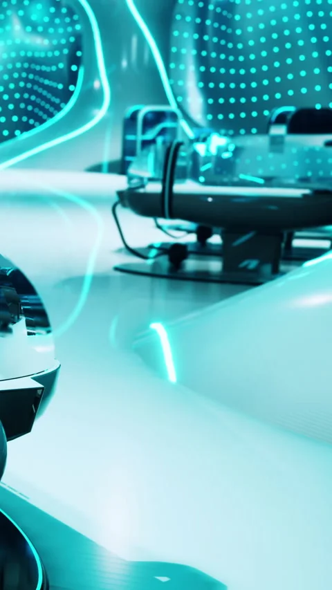 Futuristic workspace with blue lights and modern furniture in design studio Stock Footage 341269208