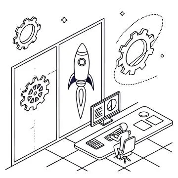 Futuristic workspace concept with abstract tools and digital elements. Stock Illustration