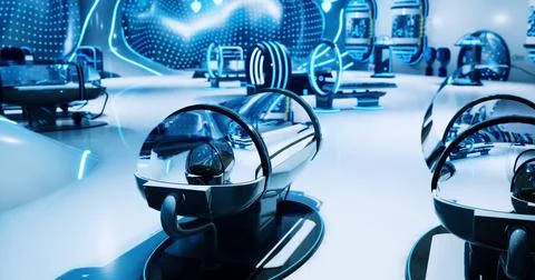 Futuristic workspace filled with advanced technology in a modern setting Illustrazione stock