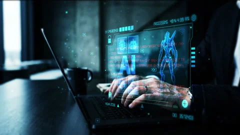 Futuristic Workspace: Hands Typing with Holographic Digital Interface Display 库存影片 339132268