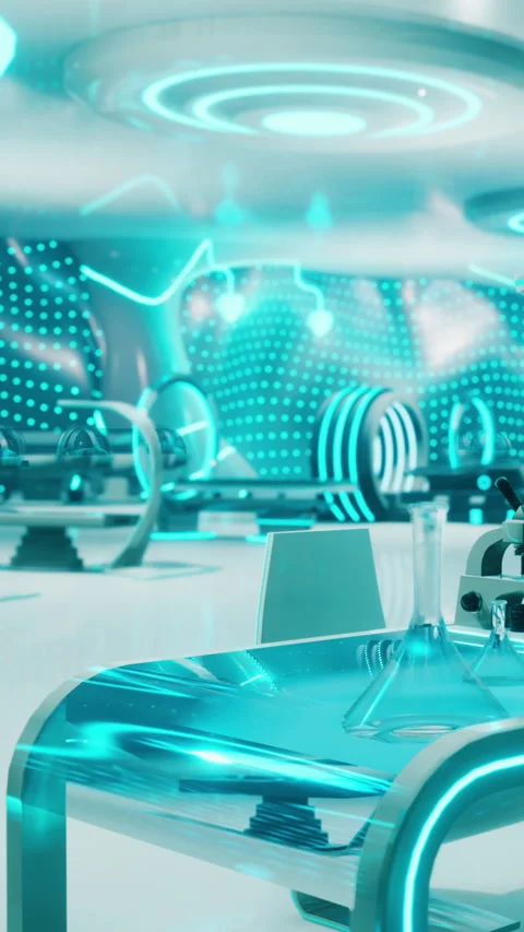 Futuristic workspace with high tech design and glowing elements in soft light Stock Footage 340266408