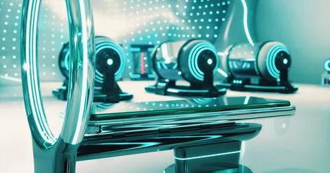 Futuristic workspace with sleek design and glowing technology elements Stock Illustration