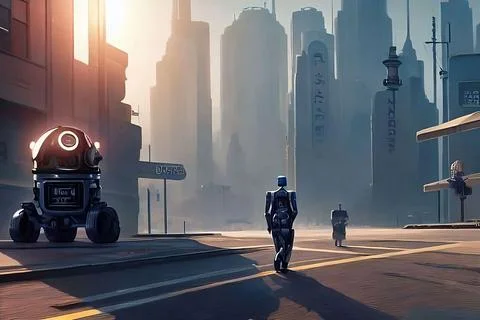 Futuristic World, cyborgs and robots, Artificial intelligence, technology. Illustrazione stock