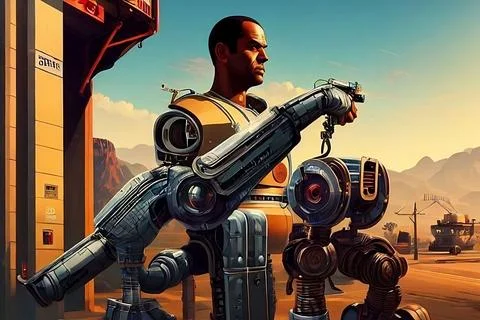 Futuristic World, cyborgs and robots, Artificial intelligence, technology. Illustrazione stock