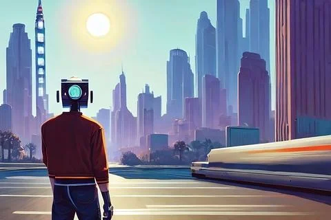 Futuristic World, cyborgs and robots, Artificial intelligence, technology. Illustrazione stock