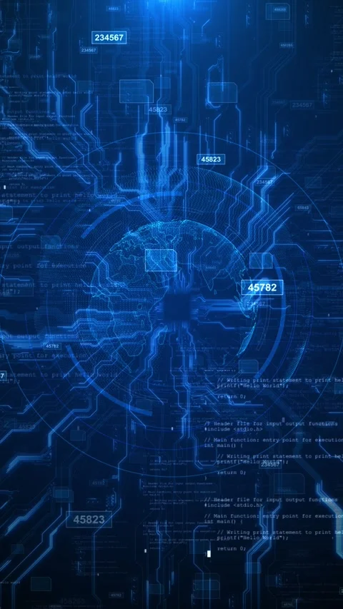 Futuristic world data background glowing globe, circuit pathways, binary Stock Footage 334101617