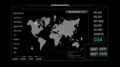 Futuristic World Map Flight Tracker HUD Overlay with Airplane Icons Stock Footage 339666498