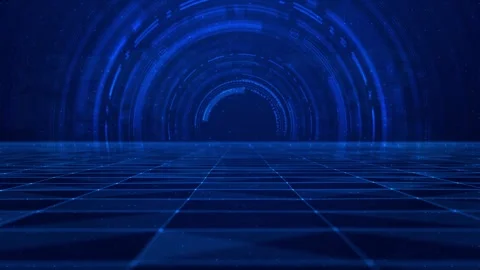 Futuristic world map grid visual blue cyber tunnel depth, circular interface rin Stock Footage 340576513