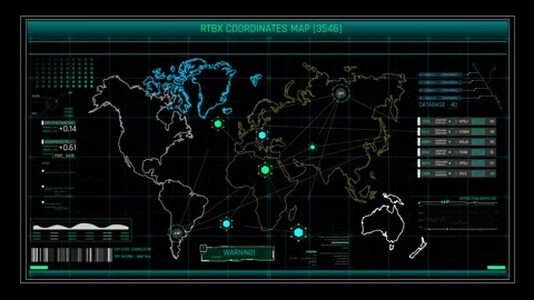 Futuristic World Map HUD Tactical Interface with Coordinates and Network Nodes 動画素材 338433591