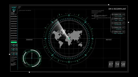 Futuristic World Map Radar HUD Screen with Sweeping Scanner Line Stock Footage 339666508