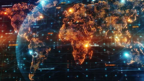 Futuristic world map showing digital data flowing across continents Stock Footage 301057482